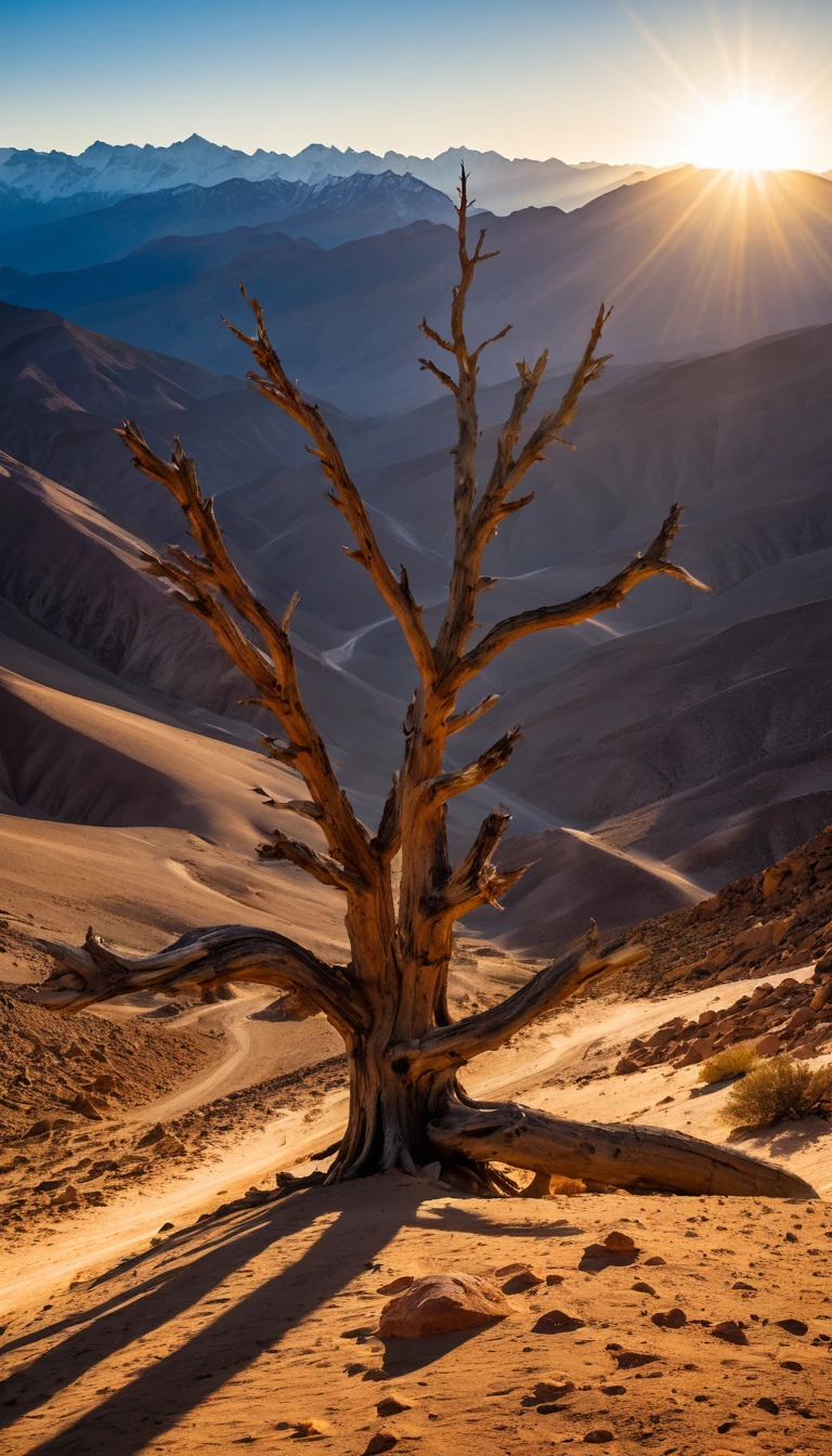 super masterpiece　Highest quality　high resolution　Overall view　desert　Rocky Mountain　Chile　Dead Tree　enemy　multiple　sun　Light　　