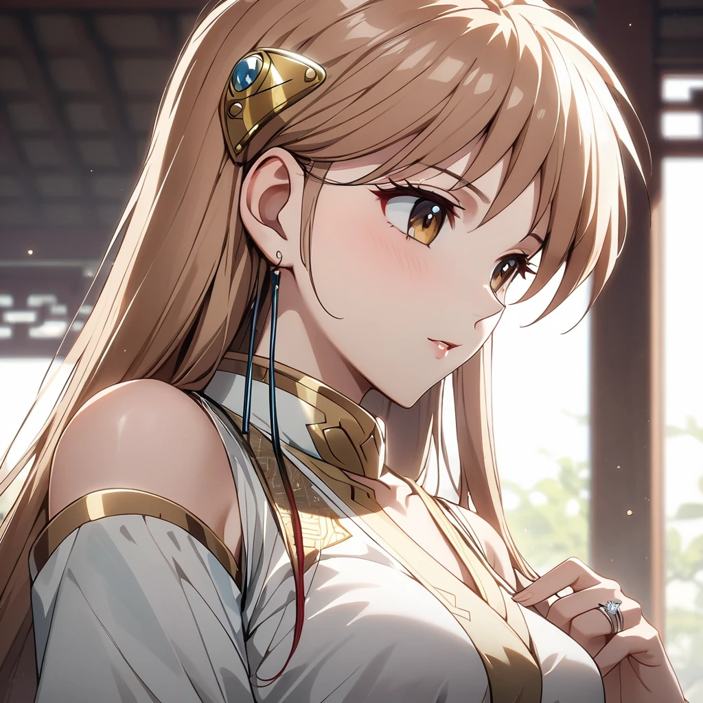 ((Highest quality)), ((masterpiece)), (detailed), （Perfect Face）、The woman is Princess Leona, an ordinary Chinese woman with medium-long light brown hair and an engagement ring.、The woman is dressed in typical Chinese clothing.