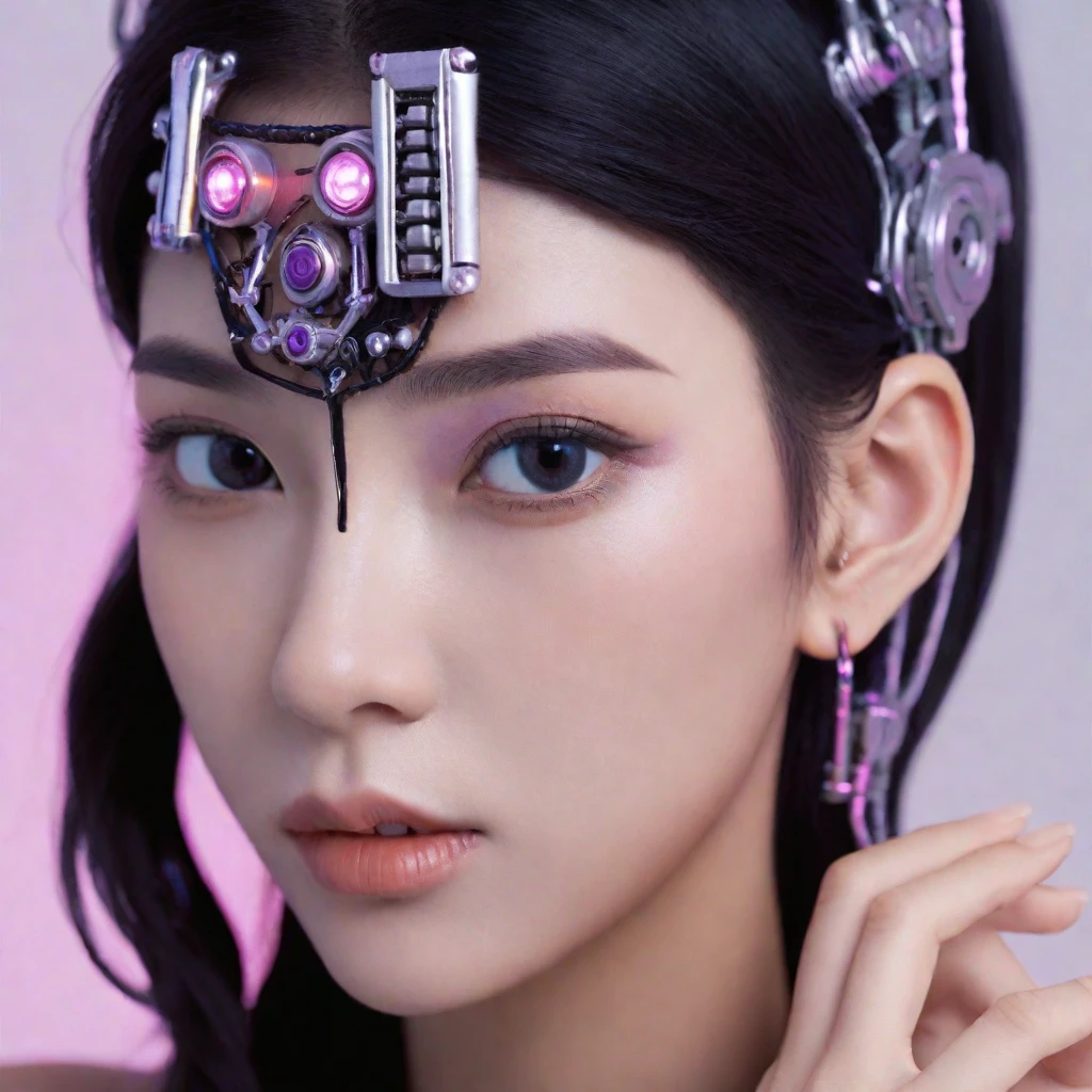 A stunning, 4K photo-realistic image of a cyberpunk ninja demi-human girl with a Korean face. She is adorned with intricate machine implants, including half a face that is replaced with cybernetic components, machine eyes, and battery-powered cyborg hands. Her black, spiked hair is intertwined with LED lights that flicker with various colors to match her mood. The soft, pinkish-purple lighting surrounds the model, enhancing the futuristic and captivating atmosphere. The seamless integration of her organic and mechanical components, along with her flawless beauty and detailed facial features, make this photograph an extraordinary piece of art. The high-resolution image showcases her perfect eyes, perfect skin, and detailed facial features, while the minimalist background allows her to be the focal point of the image. This hyperrealistic photo embodies the perfect blend, photo