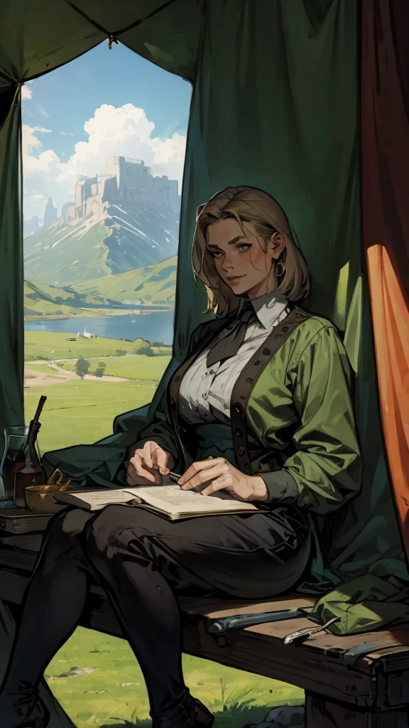 Sitting next to a tent, adventurer outfit, adult woman, medieval atmosphere