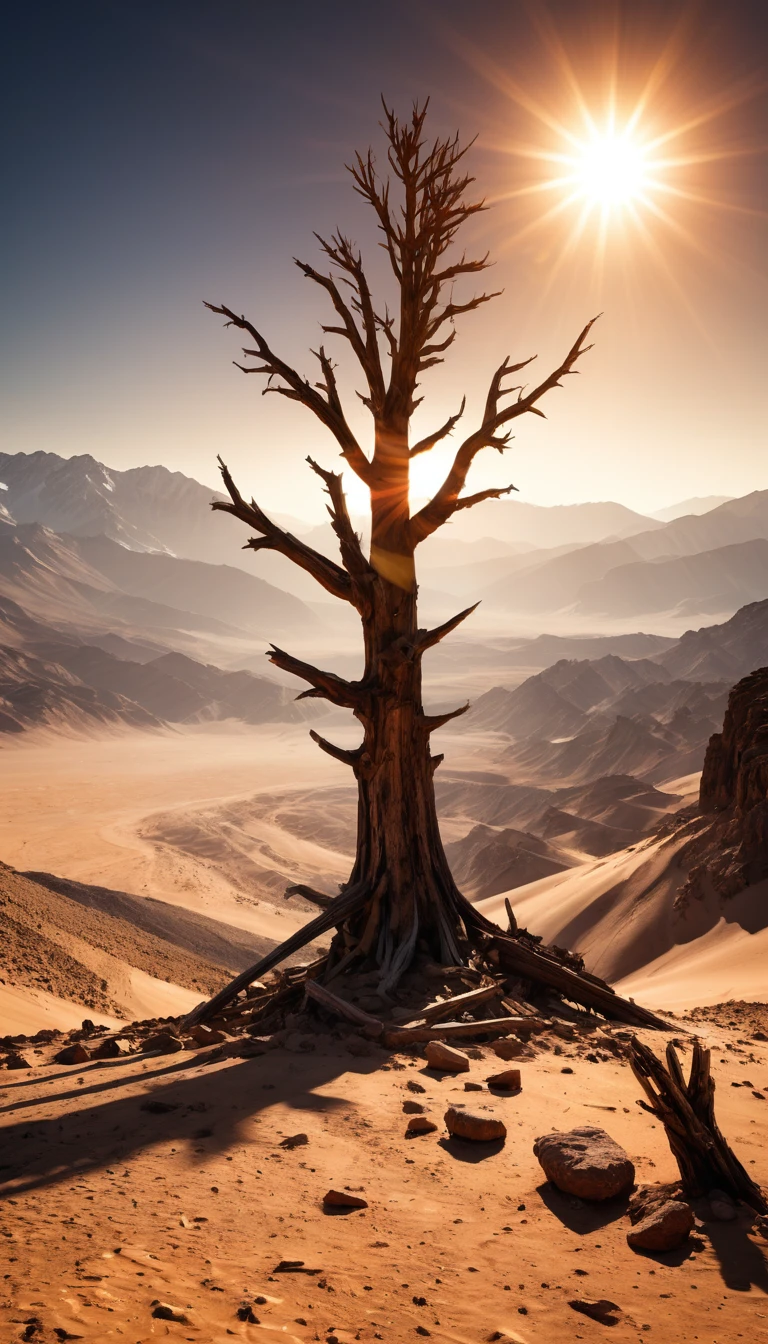 super masterpiece　Highest quality　high resolution　Overall view　desert　Rocky Mountain　Chile　Dead Tree　enemy　（enemy）（Mechanical soldiers）multiple　sun　Light　