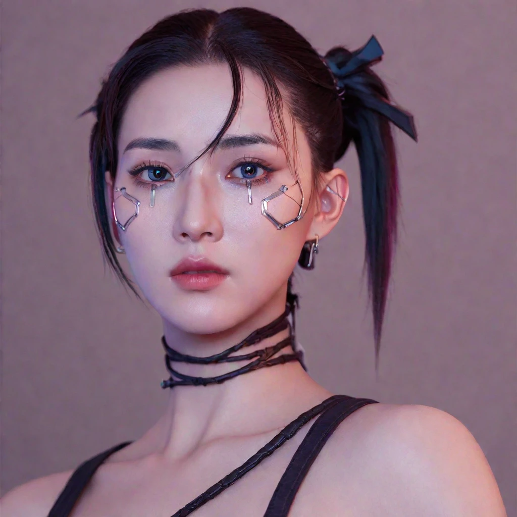 потрясающий, 4K Фото-realistic image of a cyberpunk ninja demi-human girl with a Korean face. Она украшена сложными машинными имплантатами., включая половину лица, замененную кибернетическими компонентами, Машинные глаза, и работающие на батарейках руки киборга. Ее черный, Ее волосы с шипами переплетены со светодиодными лампами, которые мерцают разными цветами в зависимости от ее настроения.. Мягкий, Розовато-фиолетовое освещение окружает модель., усиливая футуристическую и захватывающую атмосферу. Полная интеграция ее органических и механических компонентов, along with her flawless beauty и подробные черты лица, make this Фотоgraph an extraordinary piece of art. Изображение в высоком разрешении демонстрирует ее идеальные глаза., perfect кожа, и подробные черты лица, в то время как минималистский фон позволяет ей стать центром внимания на изображении.. This hyperrealistic Фото embodies the perfect blend, Фото, кинематографическая цветокоррекция пленки, драматические сцены, Фотоgraphy, СЫРОЙ, шедевр, ультра широкий угол, Ультра четкое фото, Лучшее качество, Сверхвысокое разрешение, Фотореалистичный, объемный свет, потрясающе красивый, половина тела, нежное лицо, Яркие глаза, СЫРОЙ Фото, (высшее качество:1.3), (Острый фокус:1.5), (кожа_текстуры:1.2), (Фотоrealistic:1.3), (highly detailed кожа), (подробное лицо), (high detailed кожа:1.2), (glistening кожа:1.15),