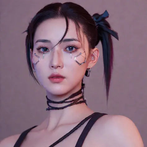 A stunning, 4K photo-realistic image of a cyberpunk ninja demi-human girl with a Korean face. She is adorned with intricate mach...