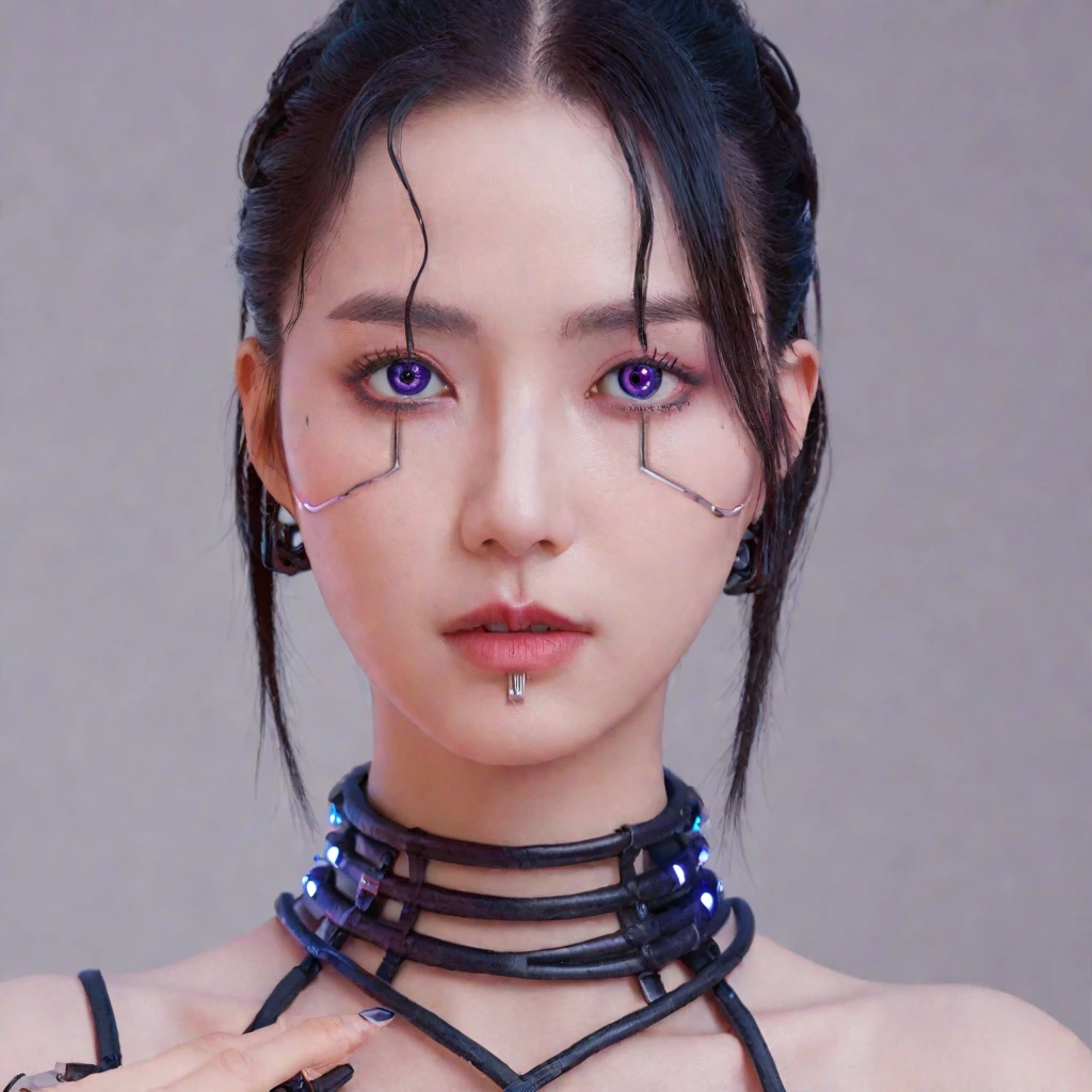 A stunning, 4K photo-realistic image of a cyberpunk ninja demi-human girl with a Korean face. She is adorned with intricate machine implants, including half a face that is replaced with cybernetic components, machine eyes, and battery-powered cyborg hands. Her black, spiked hair is intertwined with LED lights that flicker with various colors to match her mood. The soft, pinkish-purple lighting surrounds the model, enhancing the futuristic and captivating atmosphere. The seamless integration of her organic and mechanical components, along with her flawless beauty and detailed facial features, make this photograph an extraordinary piece of art. The high-resolution image showcases her perfect eyes, perfect skin, and detailed facial features, while the minimalist background allows her to be the focal point of the image. This hyperrealistic photo embodies the perfect blend, photo, cinematic colorgrading film, dramatic scenes, photography, RAW, Masterpiece, ultra wide angle, Ultra Fine Photo, Best Quality, Ultra High Resolution, Photorealistic, volumetric light, Stunningly Beautiful, half body, Delicate Face, Vibrant Eyes, RAW photo, (Highest quality:1.3), (sharp focus:1.5), (skin_textures:1.2), (photorealistic:1.3), (highly detailed skin), (detailed face), (high detailed skin:1.2), (glistening skin:1.15),