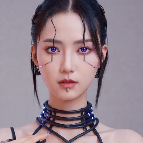 A stunning, 4K photo-realistic image of a cyberpunk ninja demi-human girl with a Korean face. She is adorned with intricate mach...