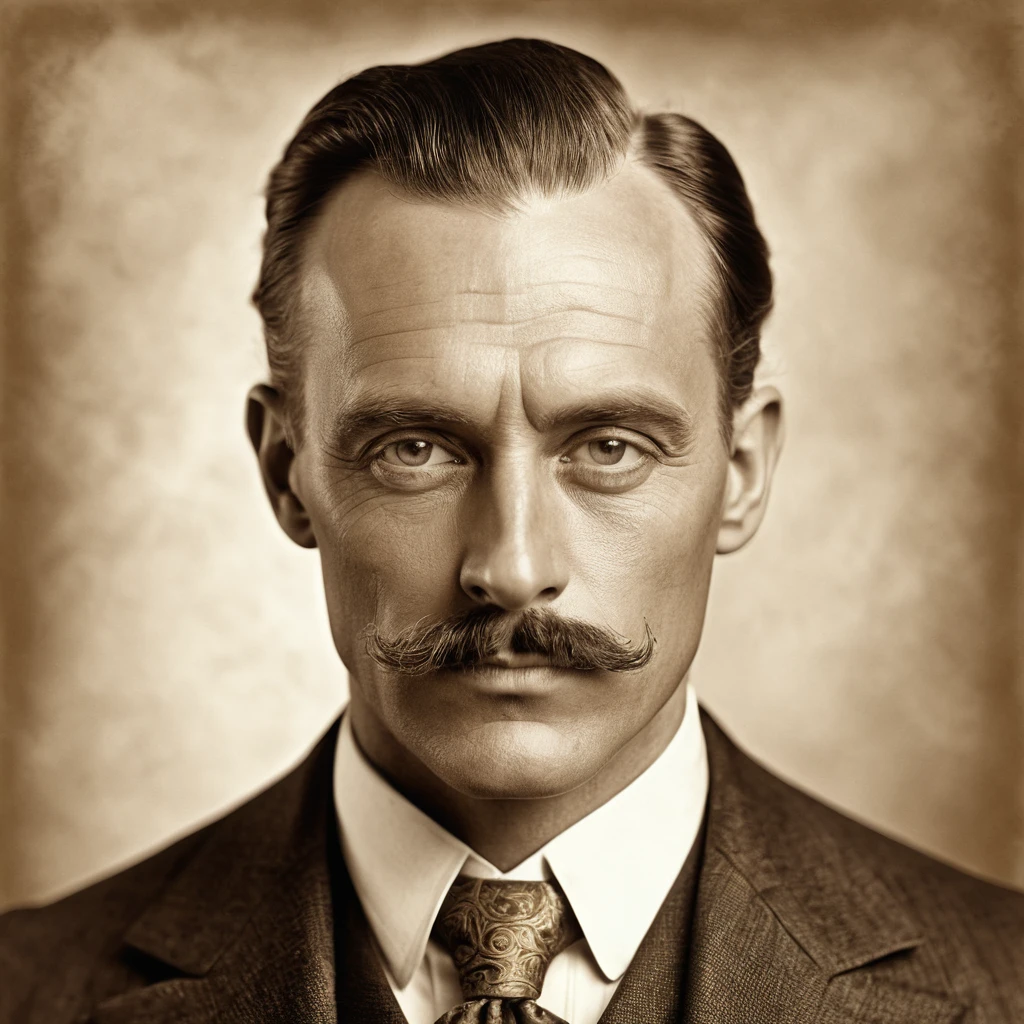 A highly detailed Victorian-style portrait of a successful businessman with exaggerated facial features, sepia tone, early 1900s style, photorealistic, high resolution