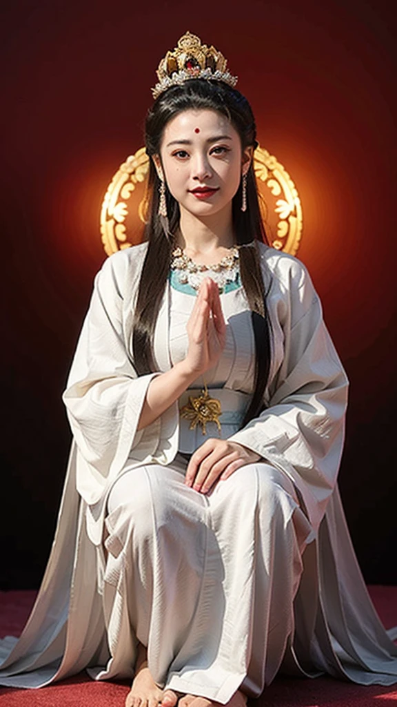 
One in costume，woman wearing crown，Fold your hands together in front of the camera，Sitting on the lotus throne，Red mole on forehead，Similar to Guanyin Bodhisattva，The surrounding is full of spiritual energy