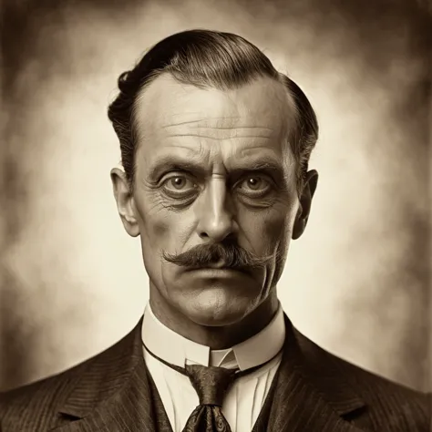 a highly detailed victorian-style portrait of a scary businessman with exaggerated facial features, sepia tone, early 1900s styl...