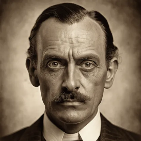 a highly detailed victorian-style portrait of a scary businessman with exaggerated facial features, sepia tone, early 1900s styl...