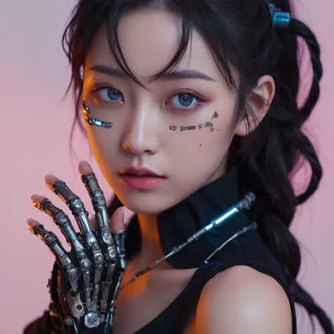 A stunning, 4K photo-realistic image of a cyberpunk ninja demi-human girl with a Korean face. She is adorned with intricate mach...
