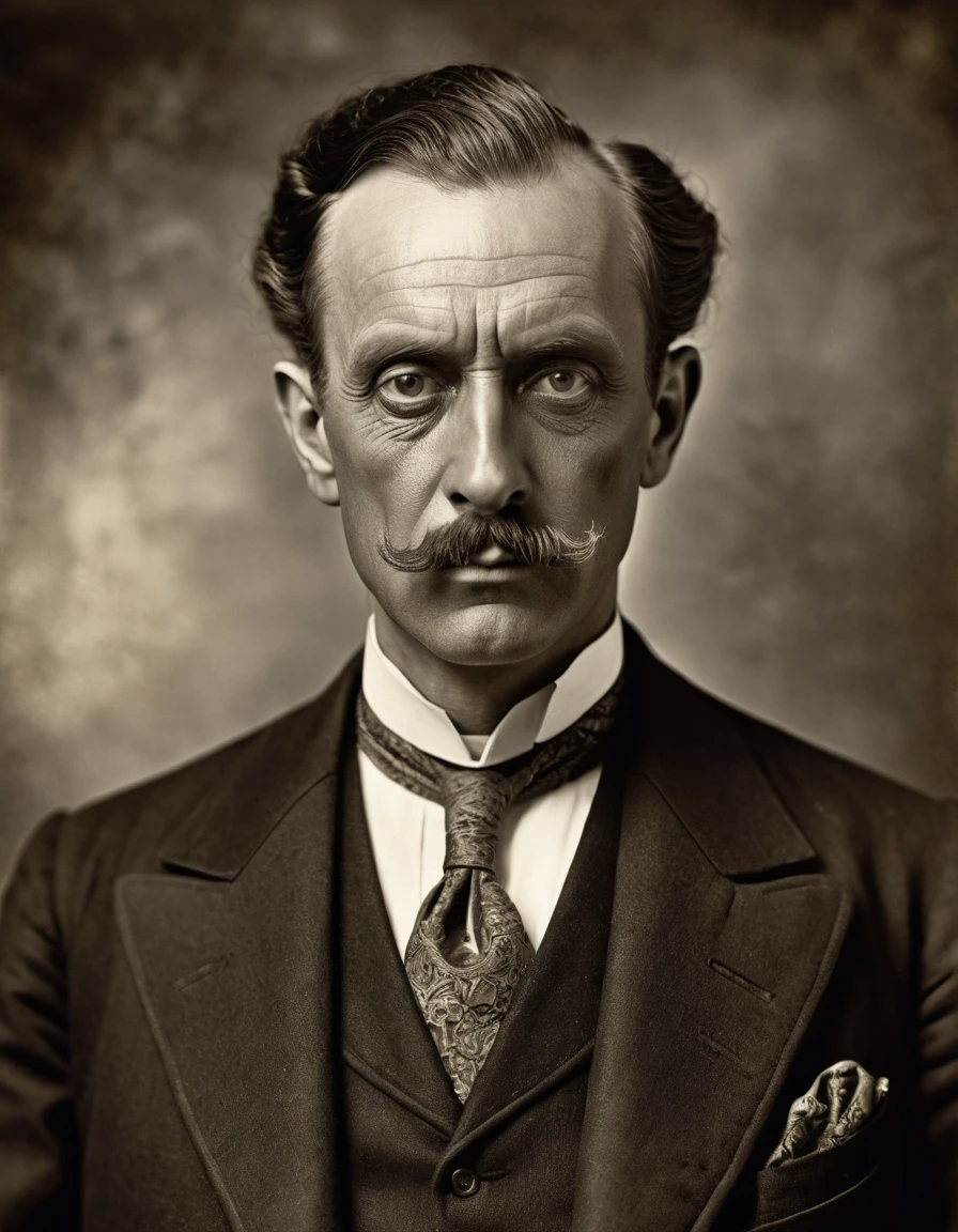 A highly detailed Victorian-style portrait of a frightening businessman with exaggerated facial features, tom sepia, early 1900s style, photorrealistic, high resolution, whole body