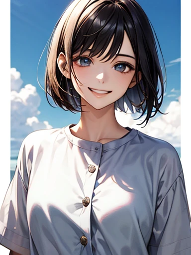 Ultra-realism"Cheerful young woman with short bob haircut, fair skin, and bright smile under a clear blue sky. She's wearing boyish clothes like a loose-fitting t-shirt or button-up shirt. Her expression is lively and cute, with sparkling eyes and a genuine grin. The background shows a sunny day with a few fluffy white clouds, creating a warm and positive atmosphere."