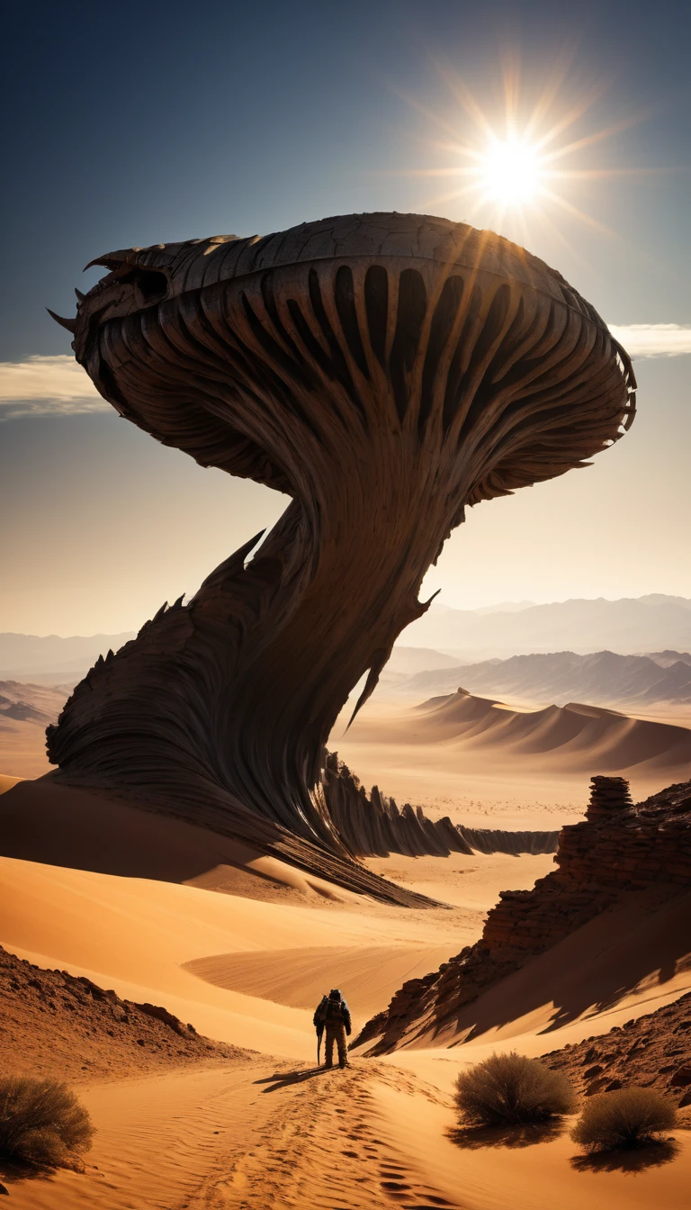 (super masterpiece　Highest quality　high resolution　Overall view)　(Desert Rocky Mountain Chile Dead Tree) (Multiple enemy mechanical soldiers) (A giant, mechanical sandworm in the distance）sun　Light