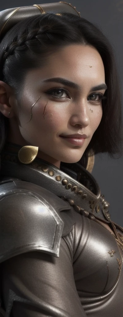 Photo of adepta sororitas, argent shroud, full armor, full metal armor, Christina Chong beautiful face, narrowed eyes. smirk. black braided hair with narrowed eyes, wearing intricate ornamented metal armor, stern face,, solo, (female:1.2), epic, platinum white armor, white pelvic curtain, bronze trimmings, , facial scar, iron halo, ((upper body:1.3)) focus, close-up, banner background,
