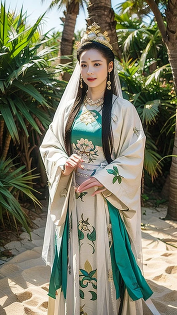 Wearing a green dress and a gold dress，wearing gold crown，Arad women covered in white sand, A young woman playing, Inspired by Huang Ji, Queen of China, Kazakh queen, Queen of the Sea Mu Yanling, Inspired by Luji, Chinese Princess, Inspired by Guillaume, Inspired by trees, Inspired by Zhang Yin, Inspired by Li Tang