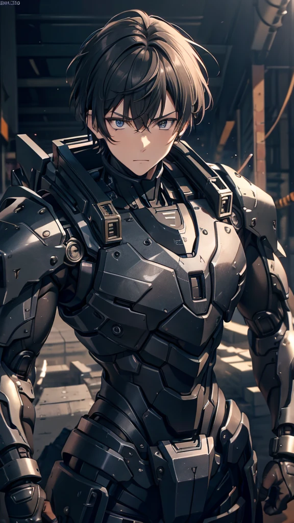 silence，Looking at the items in the warehouse，Warehouse full of supplies，It's dark all around，End of the World，an adult male，youth，Black short hair，look around，Wearing a sophisticated dark gray mecha armor suit，The armor suit has huge and thick limbs，Only the male youth’s hair and face are exposed，Upper body close-up