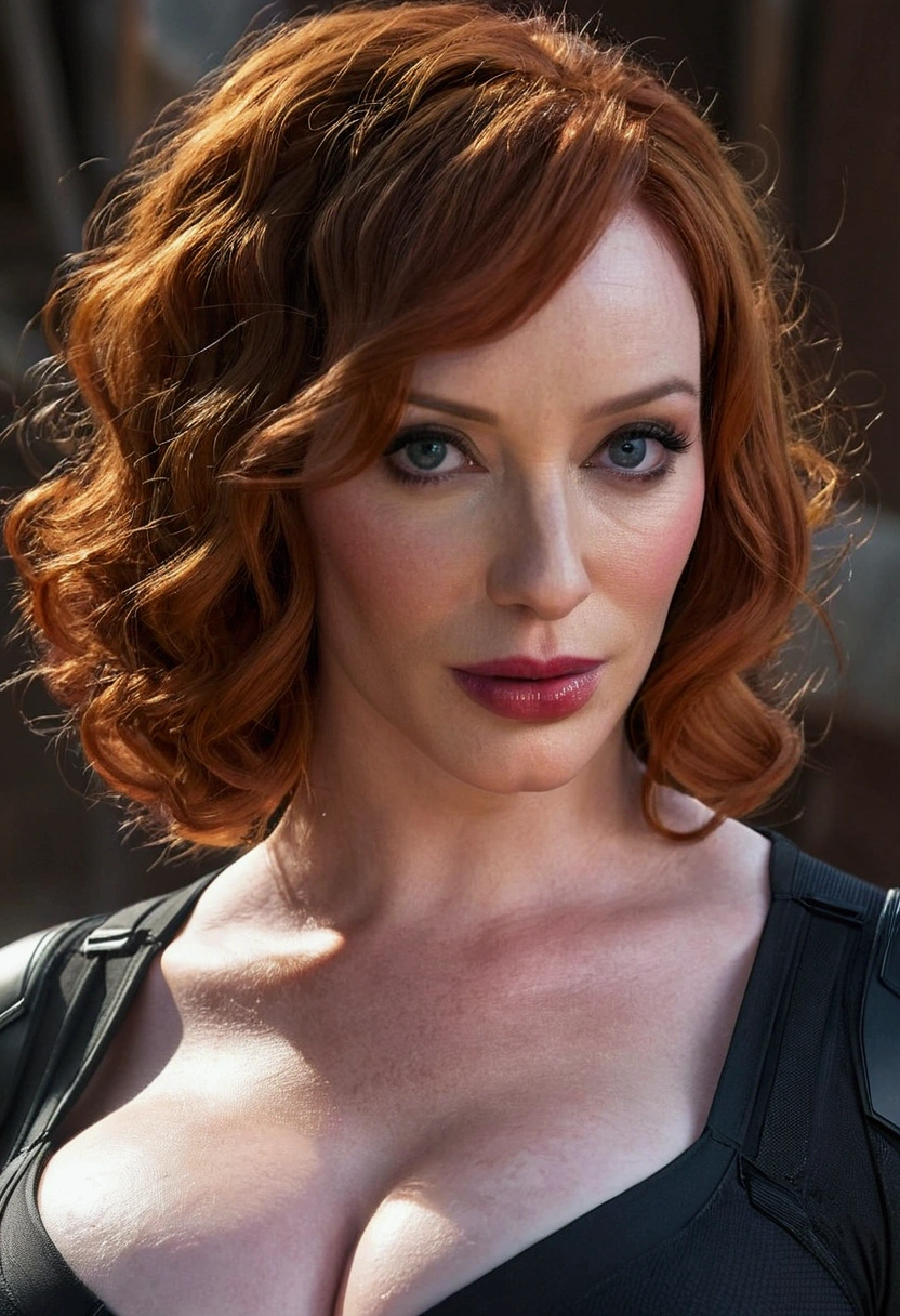 48 year old Christina Hendricks playing the role as the fictional character of Natasha Romanoff/Black Widow in the Marvel Cinematic Universe, pale skin, large breasts, huge bust, super detailed, beautiful and aesthetic, masterpiece, best quality, raw, super fine photo, best quality, super high resolution, photorealistic, sunlight, full body portrait, amazing beauty, dynamic pose, delicate face, vibrant eyes, (from the front), she is wearing a black widow suit, very detailed abandoned warehouse background, Detailed face, detailed complex busy background, messy, gorgeous, realistic skin details, visible pores, sharp focus, hoto realism, huge metropolis in future dystopia, seen from below, translucent
