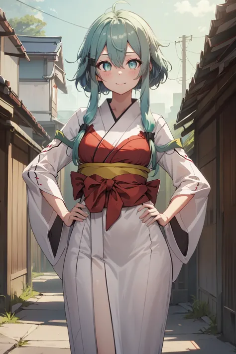 shinono, green hair,large breats,light smile, break ({white kimono:1.35}, {red hakama:1.35}, {wide sleeves:1.20}:1.5), break cit...