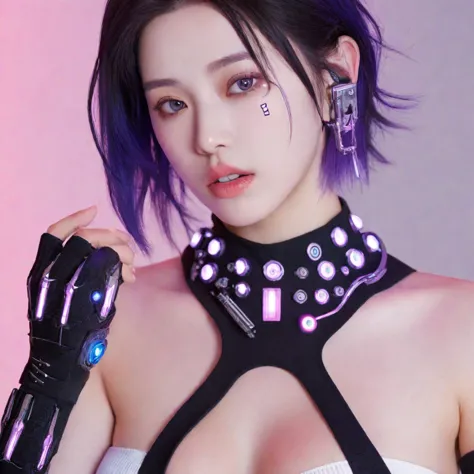 A stunning, 4K photo-realistic image of a cyberpunk ninja demi-human girl with a Korean face. She is adorned with intricate mach...