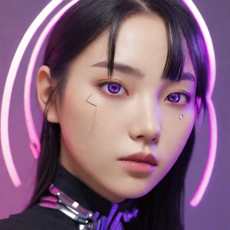 A stunning, 4K photo-realistic image of a cyberpunk ninja demi-human girl with a Korean face. She is adorned with intricate mach...