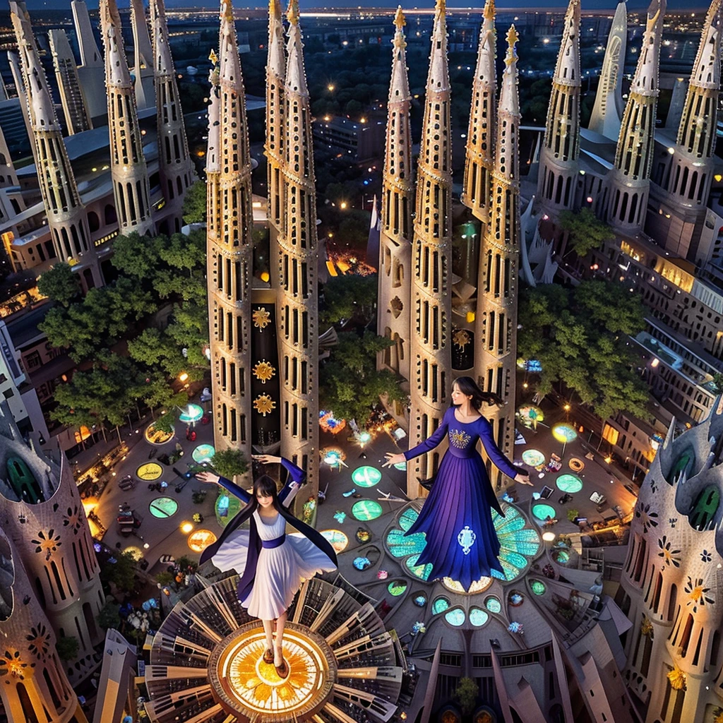 blue sky, evening light, (Aerial View of Sagrada Familia:1.6), (young Beautiful woman is dancing in the Air), she wears long white thin silk dress, skin exposure is minimum, her beautiful and cute face, wide angle lens f/2.8, ultra insane high resolution intricate textures, texture indentation, perfect perspective, perfect geometry, the solar system in another dimension, other worlds, fire all around, celestial singularity, energy fields, gloomy image, luminism, ultra detailed busy background, tessellation, maximalism, perfectionism, IPA Award wining masterpiece