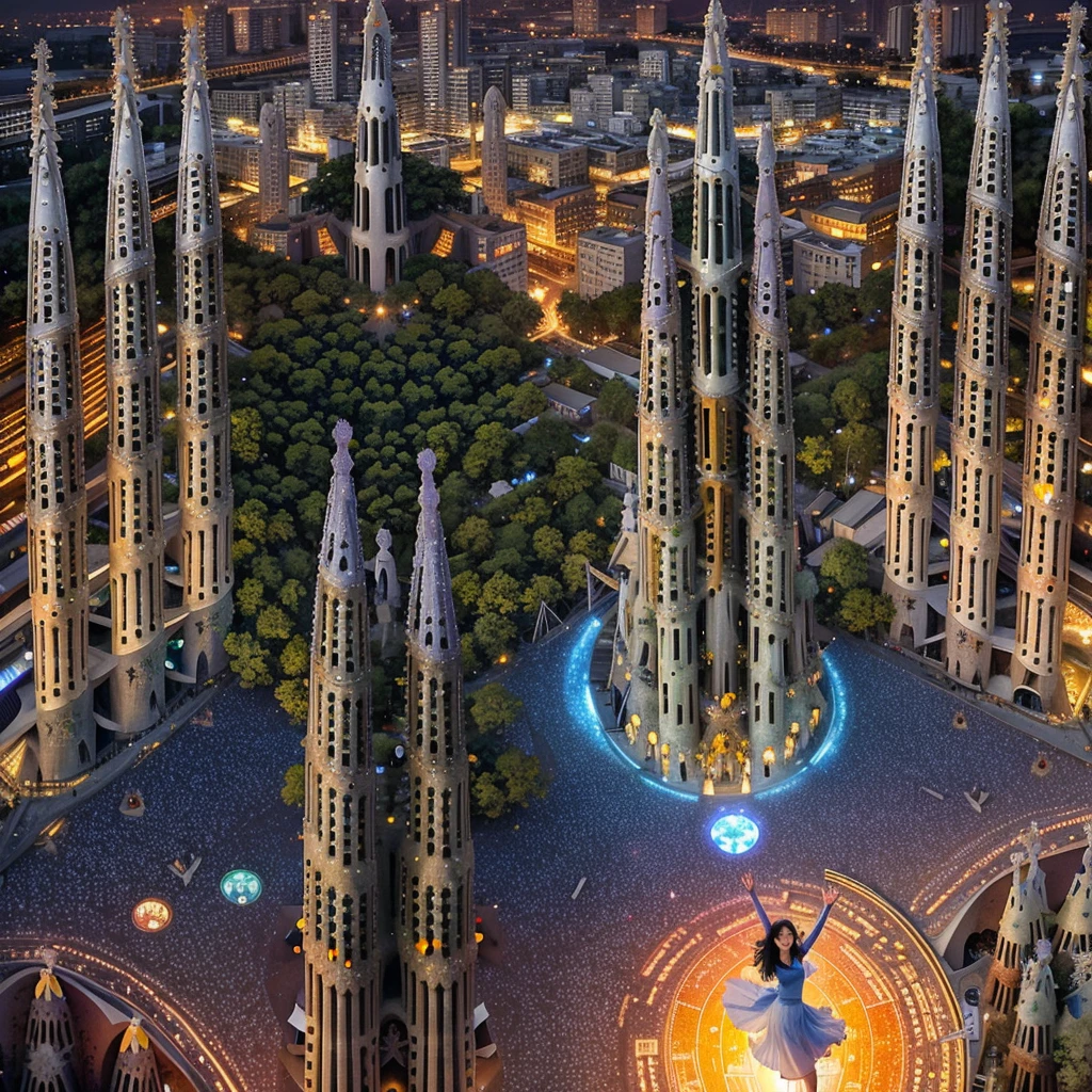 파란 하늘, 저녁 빛, (사그라다 파밀리아(Sagrada Familia)의 공중 전망:1.6), (젊은 아름다운 여인이 공중에서 춤을 추고 있습니다), 그녀는 길고 하얀 얇은 실크 드레스를 입고 있습니다, 피부 노출은 최소화, 그녀의 아름답고 귀여운 얼굴, 광각 렌즈 f/2.8, 매우 미친 고해상도 복잡한 텍스처, 텍스처 들여쓰기, 완벽한 관점, 완벽한 기하학, 다른 차원의 태양계, 다른 세계, 사방에 불을 붙인다, 천상의 특이점, 에너지 분야, 우울한 이미지, 루미니즘, 매우 세부적인 바쁜 배경, 모자이크 세공, 최대주의, 완벽주의, IPA 상을 받은 걸작