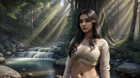 beautiful young indian woman, wearing a saree, mountain forest background, river stream, very beautiful, traditional, detailed f...