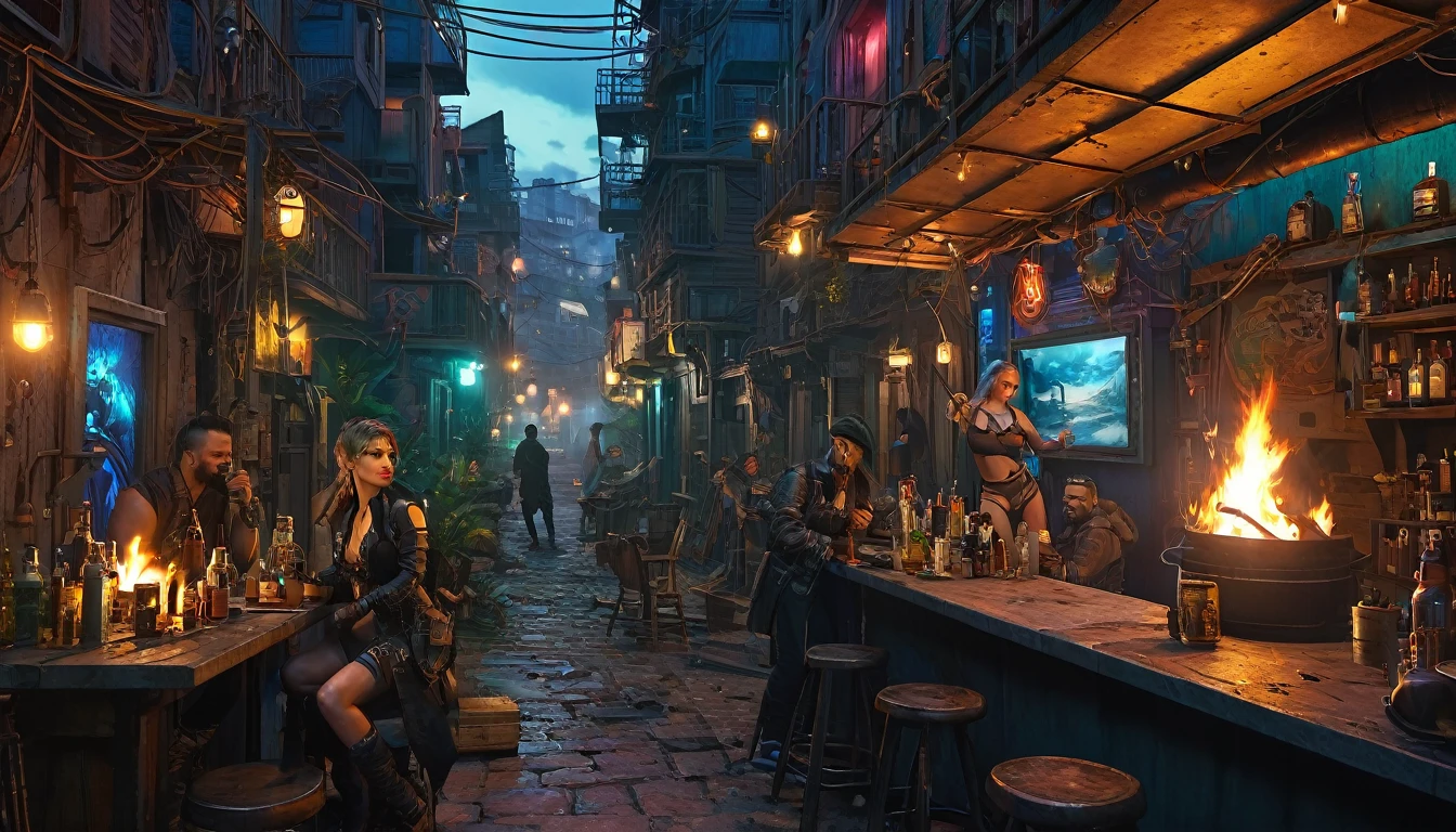 (Meilleure qualité,4k,8k,haute résolution,chef-d&#39;œuvre:1.2),ultra-détaillé,(Réaliste,photoRéaliste,photo-Réaliste:1.37) montrant une allée cyberpunk sur une île pirate, (est-ce que Dee Williams est une star du porno avec Riley Reed) dans un rassemblement, regarder un chat danser près d'un feu de camp, il y a beaucoup de boissons, dans le style de William Adolphe Bouguereau
