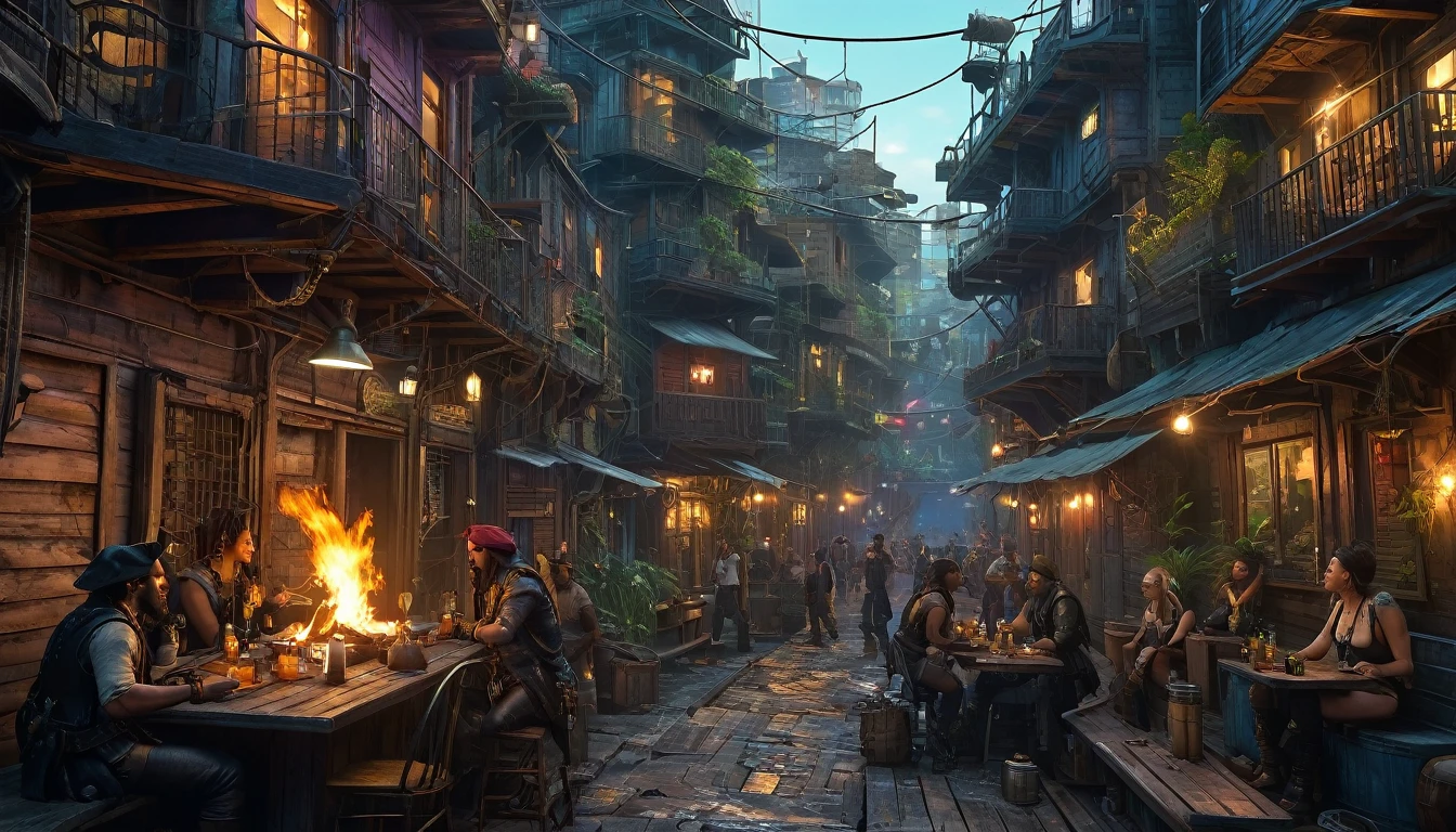 (best quality,4k,8k,highres,masterpiece:1.2),ultra-detailed,(realistic,photorealistic,photo-realistic:1.37) showing a Cyberpunk alley on a pirate island, (is dee Williams porn star with Riley Reed) in a gathering, watching a cat dance by a campfire, there are many drinks, in the style of William Adolphe Bouguereau
