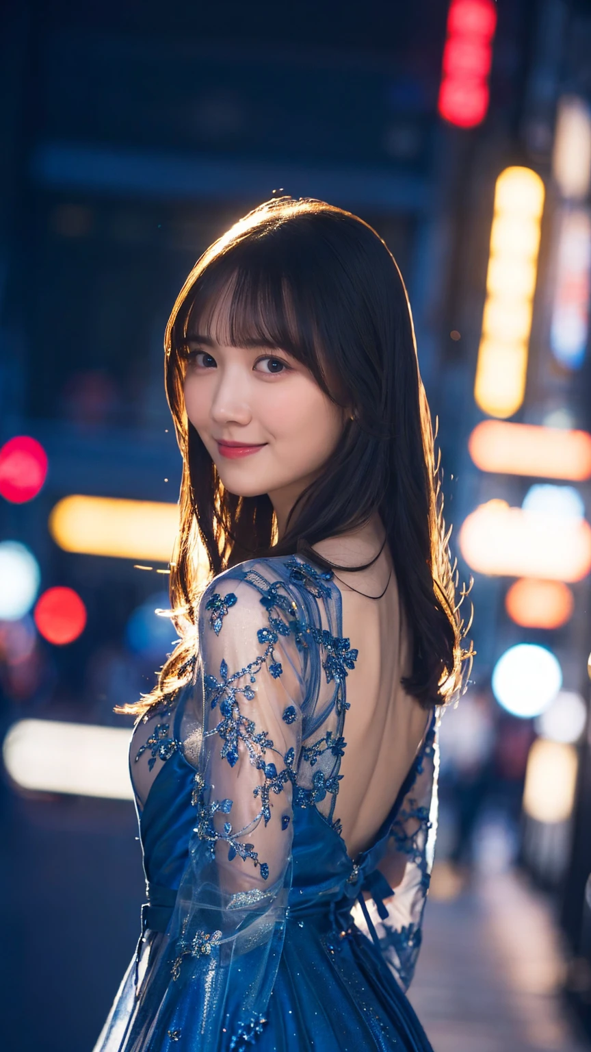 1girl,(wearing a blue glittery evening dress:1.2),(RAW photo, best quality), (realistic, photo-realistic:1.4), masterpiece, an extremely delicate and beautiful, extremely detailed, 2k wallpaper, Amazing, finely detail, extremely detailed CG unity 8k wallpaper, ultra-detailed, highres, soft light, beautiful detailed girl, extremely detailed eyes and face, beautiful detailed nose, beautiful detailed eyes,cinematic lighting,city lights at night,perfect anatomy,slender body,light smile,close up,(long hair with bangs), tight breast