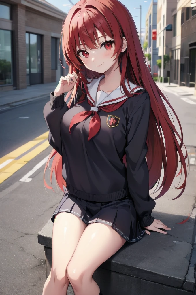 anime style girl, with shiny hair (Red hair, school uniform) and seductive pose, Red eyes, and tender smile.