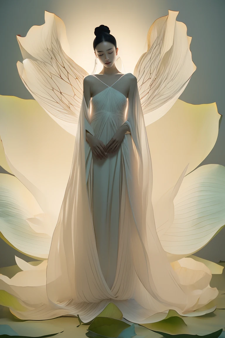 Axisymmetric:2，Front view，Symmetrical composition，Light pink and light white,Full body female,  White background, Natural Lighting, Lighting Effects, The Minimalists, elegant, Pure tenderness, Soft lighting, Realistically. woman (clavicle, Shoulders,) Place in (pray and stand) super giant lotus，The petals are big and long (The petals are very thin, Soft gauze, Full background of flowing petals, Floating petals, Super Flying Petals, Smoke and petals mixed effect), lotus dress,((view)).lotus_leaf_Fairy，Anatomically correct，((best quality)), ((masterpiece)), ((Practical))