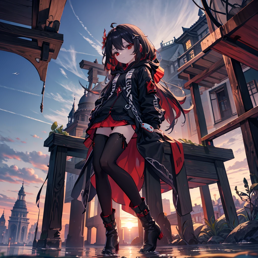 child，Clarity，high-definition，High Detail，Rich in details，transparent，纹理Clarity，beauty，grace，nature，Red eyes，long hair，Hoodie，Hair Bunch，Very long hair，starchasm，Long boots，Black pantyhose