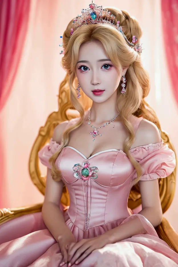 a lady in a pink dress sits on a chair, princess portrait, portrait of princess peach, blonde princess, princess peach), portrai...