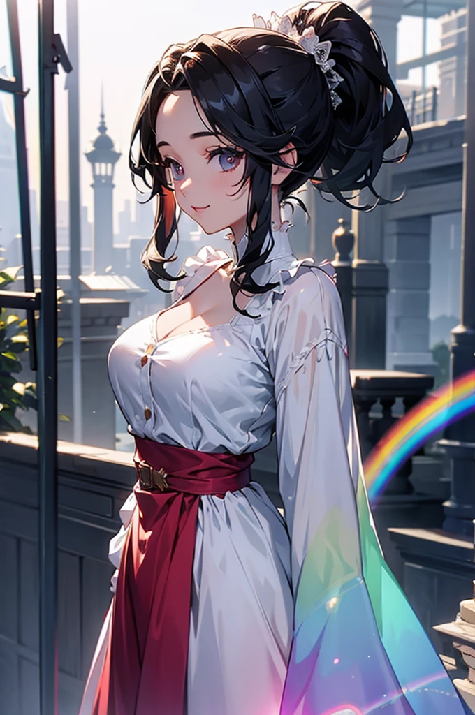 (((beautiful))), (((dress, PRİNCESS, Rainbow Dress))), ((Black Hair, ponytail)), One Woman, Large Breasts,, Cleavage, Glowing Skin, (((Intricate details))), High resolution, ((Intricate details, Ultra-detailed)), whole body, Are standing, (looking at viewer, look at viewer), Red cheeks, smile, garden, Walking the Streets