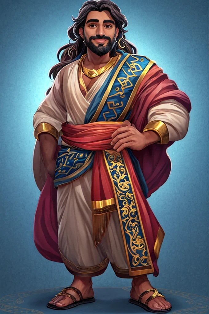 A handsome man with long hair and a beard stands tall, dressed in ancient Roman and wearing an elegant sash around his waist. He has dark skin and wears gold jewelry on both hands. The background is blue, in the style of a game character design with a cartoon realism style. It is a full body portrait wearing colorful costumes in the style of religious art. He is depicted in colorful .