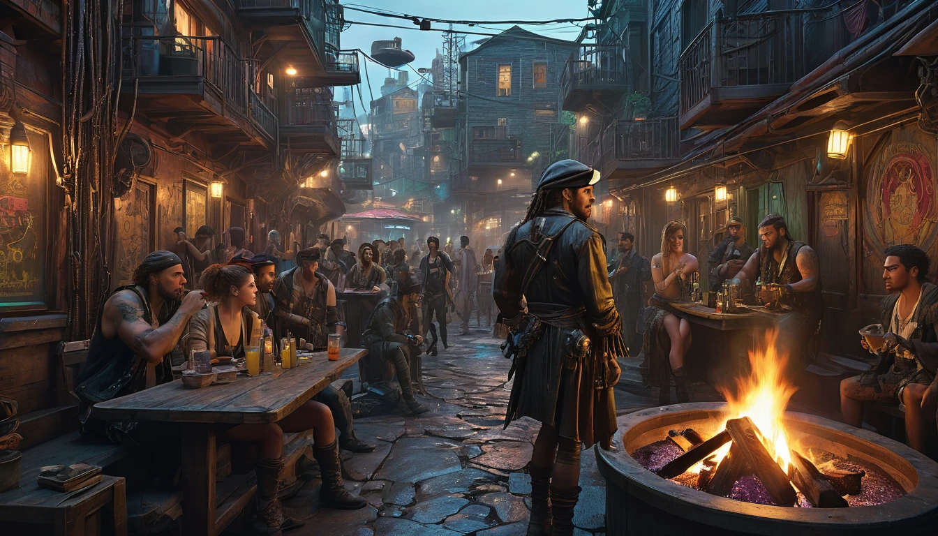 (Meilleure qualité,4k,8k,haute résolution,chef-d&#39;œuvre:1.2),ultra-détaillé,(Réaliste,photoRéaliste,photo-Réaliste:1.37) montrant une allée cyberpunk sur une île pirate, (est-ce que Dee Williams est une star du porno avec Riley Reed) dans un rassemblement, regarder une gitane danser près d&#39;un feu de camp, il y a beaucoup de boissons, dans le style de William Adolphe Bouguereau