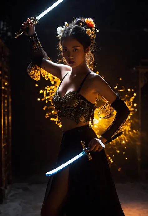 female swordsman topless photography，atomic correct,raw, lenses, (clear focus:1.5), (reality:1.4), dusk lighting, volumetric lig...