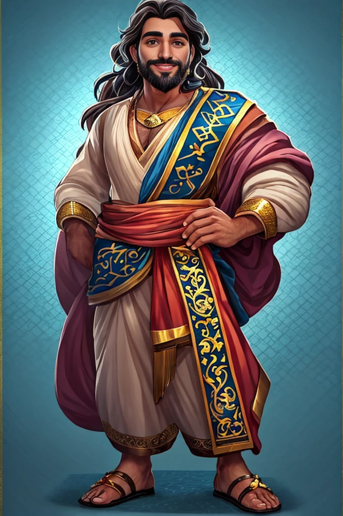 A handsome man with long hair and a beard stands tall, dressed in ancient Roman and wearing an elegant sash around his waist. He has dark skin and wears gold jewelry on both hands. The background is blue, in the style of a game character design with a cartoon realism style. It is a full body portrait wearing colorful costumes in the style of religious art. He is depicted in colorful .