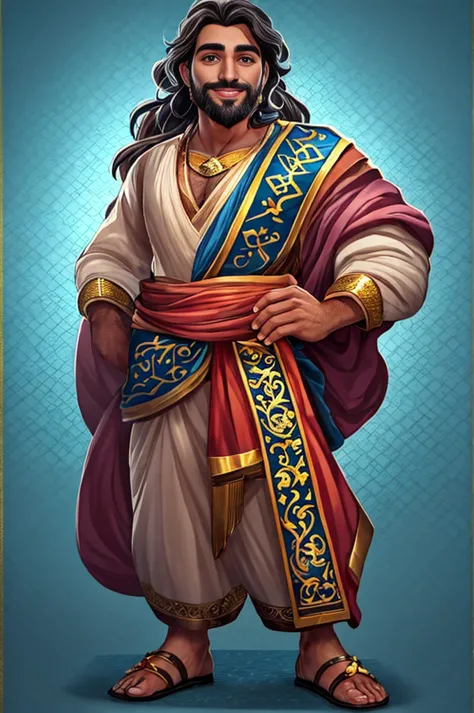 a handsome man with long hair and a beard stands tall, dressed in ancient roman and wearing an elegant sash around his waist. he...