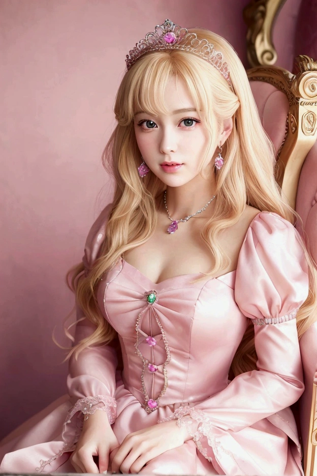 A lady in a pink dress sits on a chair, Princess Portrait, portrait of Princess Peach, Blonde Princess, Princess Peach), portrait of a princess, Anime Princess, Royal elegance, Beautiful female princess, Beautiful fantasy queen, ((Beautiful fantasy queen)), Portrait of a princess, Princess Peach, Cute lazy princess, Pretty Princess, Kawaii realistic portrait