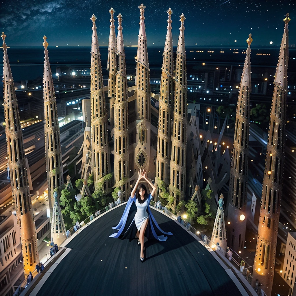 blue sky, evening light, (Aerial View of Sagrada Familia:1.6), (young Beautiful woman is dancing in the Air), she wears long white thin silk dress, skin exposure is minimum, her beautiful and cute face, wide angle lens f/2.8, ultra insane high resolution intricate textures, texture indentation, perfect perspective, perfect geometry, the solar system in another dimension, other worlds, fire all around, celestial singularity, energy fields, gloomy image, luminism, ultra detailed busy background, tessellation, maximalism, perfectionism, IPA Award wining masterpiece