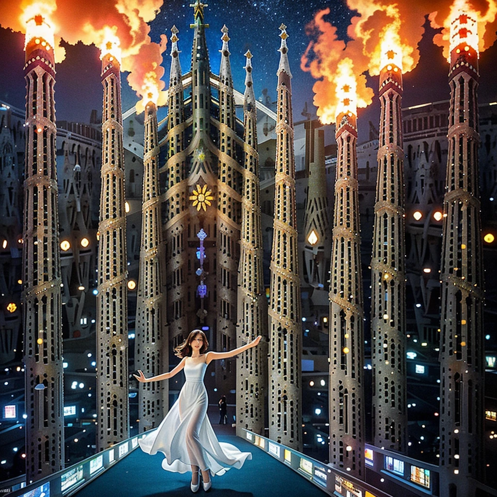 blue sky, evening light, (Aerial View of Sagrada Familia:1.6), (young Beautiful woman is dancing in the Air), she wears long white thin silk dress, skin exposure is minimum, her beautiful and cute face, wide angle lens f/2.8, ultra insane high resolution intricate textures, texture indentation, perfect perspective, perfect geometry, the solar system in another dimension, other worlds, fire all around, celestial singularity, energy fields, gloomy image, luminism, ultra detailed busy background, tessellation, maximalism, perfectionism, IPA Award wining masterpiece