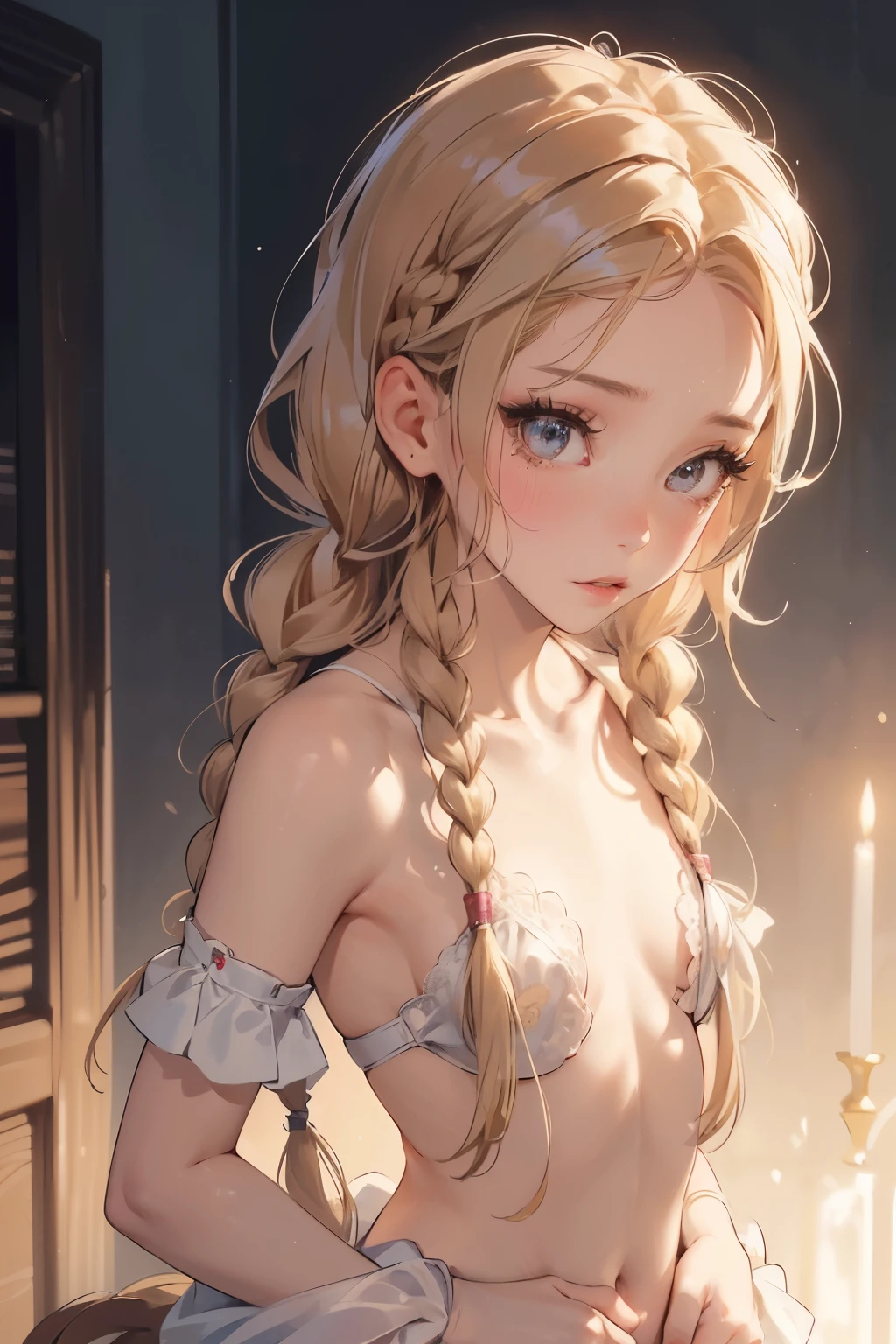  ((best quality)), ((masterpiece)), (detailed), 1girl, (big forhead:1.2),extremely detailed cute anime face, (((flat chest))), (flat chest:1.1),((((long twin braids,tight braids,long braid,braided hair,long hair)))),intricate eyes,beautiful detailed eyes,symmetrical eyes,(((detailed face))),beautiful detailed lips, looking at this, (((embarrassed))),(horrified expression),(panic),(crying),highres,(best quality),(ultra detailed,extremely detailed),perfect face details, ((masterpiece:1.4, best quality))+, (ultra detailed)+, long twintails, cute girl, (flat chest:1.1), small breasts, slim body, skinny, (narrow hips), prominent collarbones, skinny arms, flat stomach, visible hip bones, long hair, red hair, white hair, blonde hair, dark hair, ponytail, thick ponytail, heavy ponytail, small breasts, perfect face, small breasts (flat chest:1.1), NSFW, long revealing gown,Detailed body，Full limbs，(from behind), (turning), NSFW, (flat chest:1.1), nude 