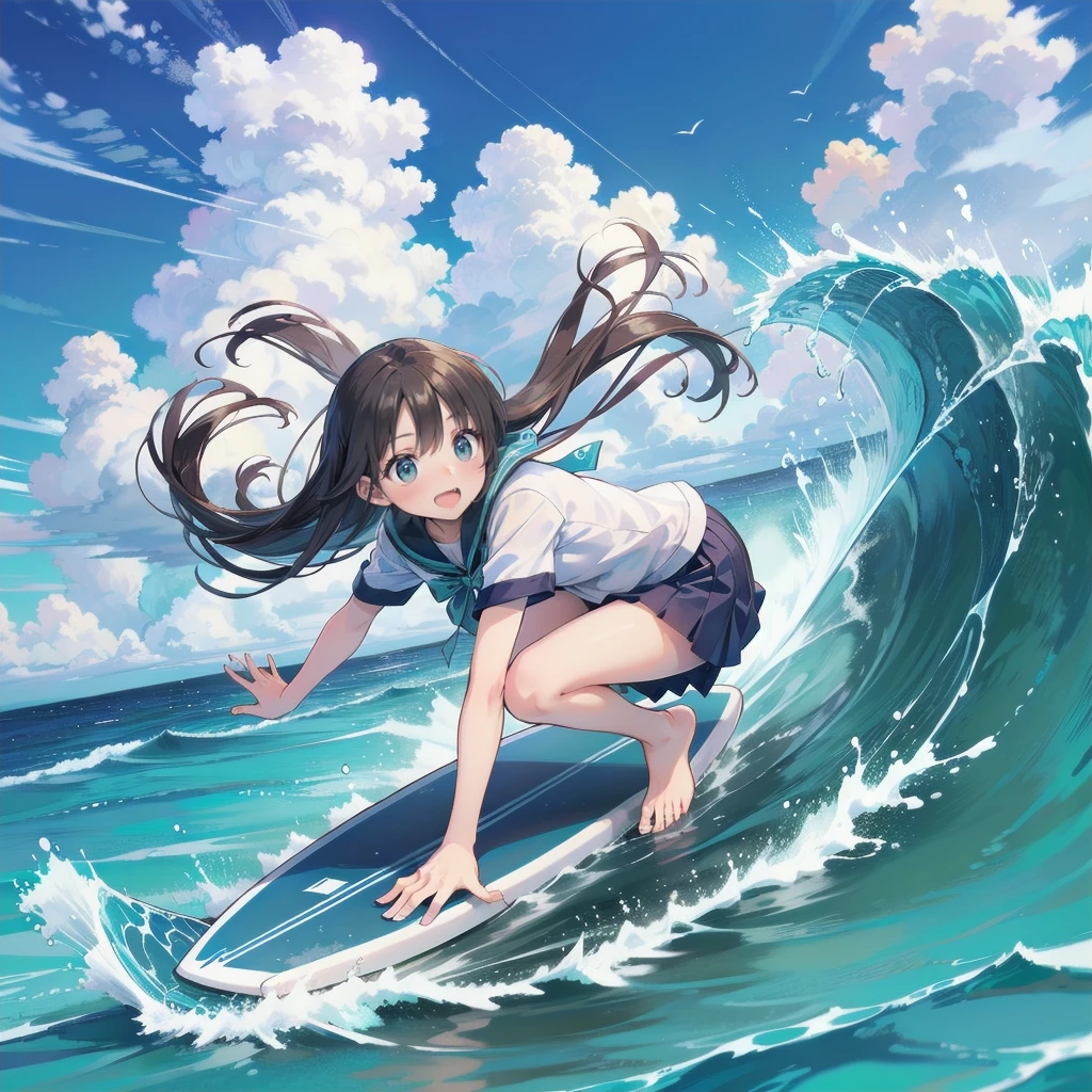 barefoot、Anime girl riding a surfboard on ocean waves, Casciato, Casciato kenz, By Yoshihiko Wada, surfing, Expressing joy. by krenz Casciato, , Asuka as a surfer model, Anime Styleイラスト, Official Art, Nagatoro, fubuki, High quality anime art style, High resolution, Anime Style」