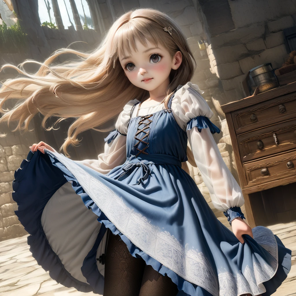 (Papel de parede CG Octane render 8k altamente detalhado),  calcinha feminina, Calcinha realista feita de tecido de algodão estampado, Vestido longo medieval com alforjes, Realismo de tecido, ângulo baixo, Você pode ver a gaveta, Puxe o vestido com a mão, Ventos fortes, Deslizamento translúcido, Deslizamento translúcido, meia-calça, mais alta qualidade, todo o corpo