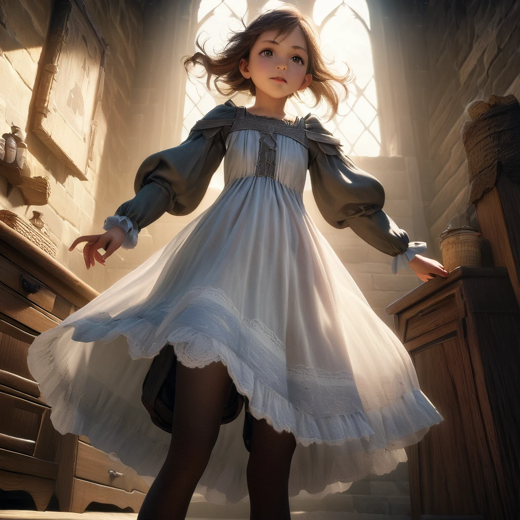 (Fondo de pantalla CG Octane render 8k altamente detallado),  ropa interior de niña, Bloomers realistas hechos de tela de algodón estampada., Vestido largo medieval con alforjas., Fabric Realism, ángulo bajo, Puedes ver el cajón., Levanta el vestido con la mano., Vientos fuertes, deslizamiento translúcido, deslizamiento translúcido, medias, de la máxima calidad, todo el cuerpo