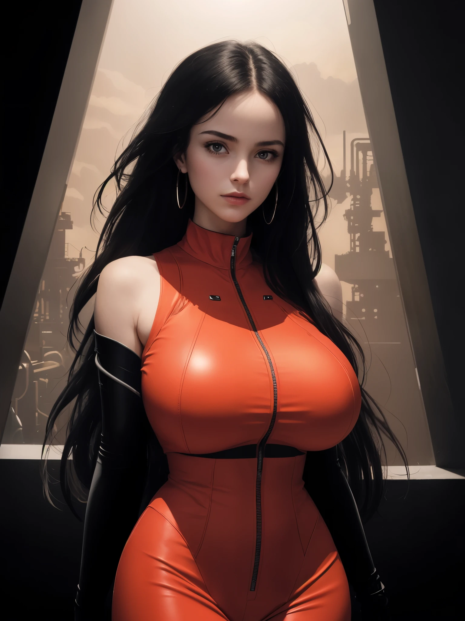 1girl, upper body, medium wide shot, standing, high-tech sleek form-fitting sleeveless outifit, detailed face, looking at viewer, red outfit, red theme, (gigantic breasts:1.2), large circular window, planet atmosphere, futuristic design, high-tech industrial sleek panel, (ambient lighting:1.4), advanced technology, sci-fi elements, detailed textures, masterpiece, best quality, high resolution,