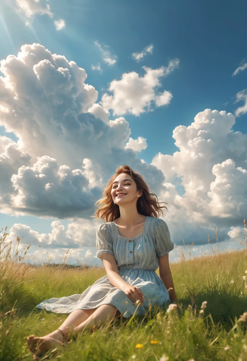 A peaceful summer afternoon with a young woman lying on a grassy field, smiling as she watches large, soft clouds drift slowly across the sky. The warm sunlight bathes her in a gentle glow, evoking deep, nostalgic feelings of youthful summers, high quality, masterpiece, 8k,