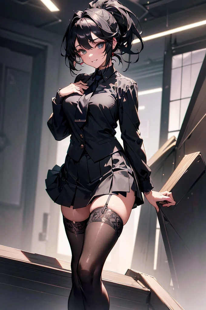 (((beautiful))), (((black suit, tie, Tight Skirt, stockings))), ((Black Hair, ponytail)), One Woman, Glowing Skin, (((Intricate details))), High resolution, ((Intricate details, Ultra-detailed)), whole body, Are standing, (looking at viewer, look at viewer), Red cheeks, smile, Inside the office